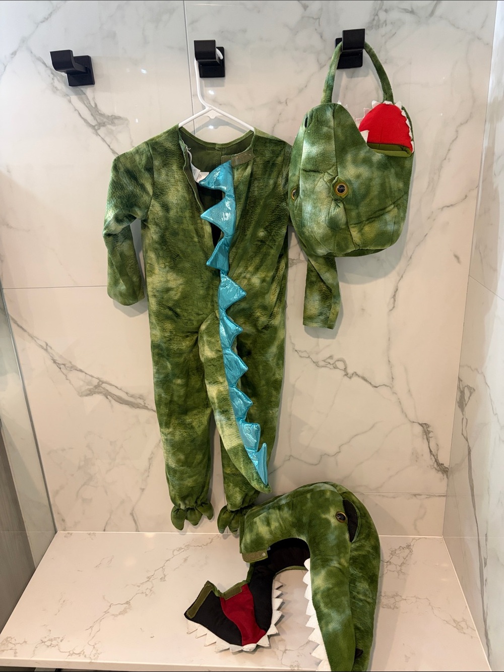 Pottery Barn Kids Green Dinosaur Costume with Blue Spikes and Red Mouth Bag